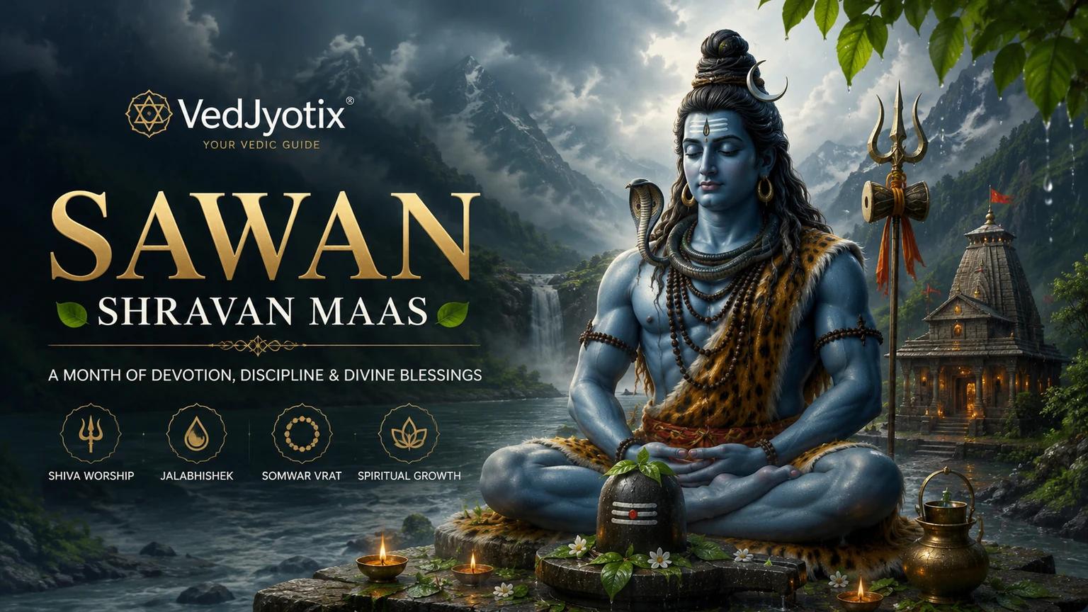 Lord Shiva seated in meditation beside a Shiva lingam during Sawan (Shravan Maas), with monsoon rain over a Himalayan temple — Astropage devotional illustration